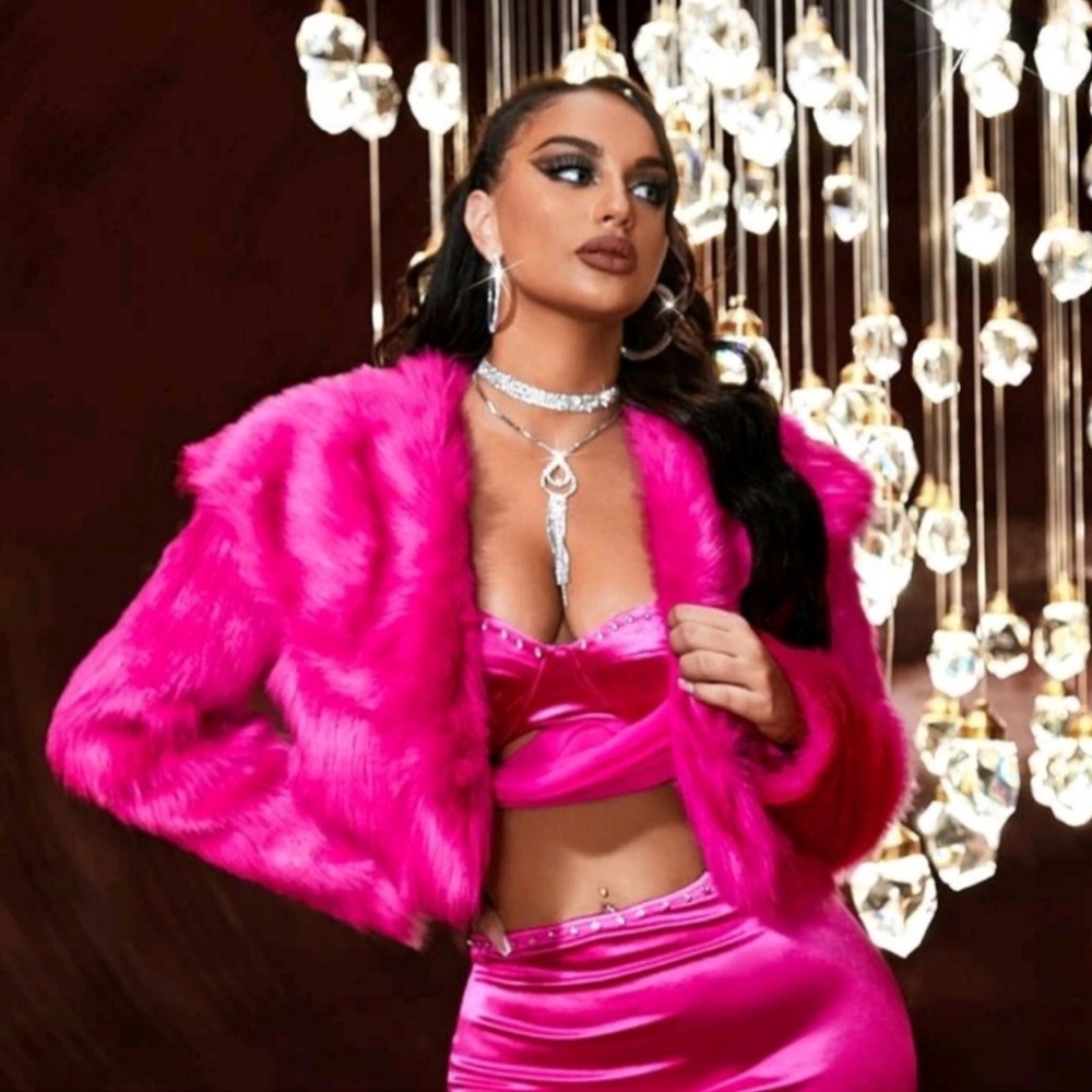 NWT HOT PINK WATERFALL COLLAR OPEN FRONT BARBIECORE FUZZY JACKET COAT SZ m - Picture 2 of 2